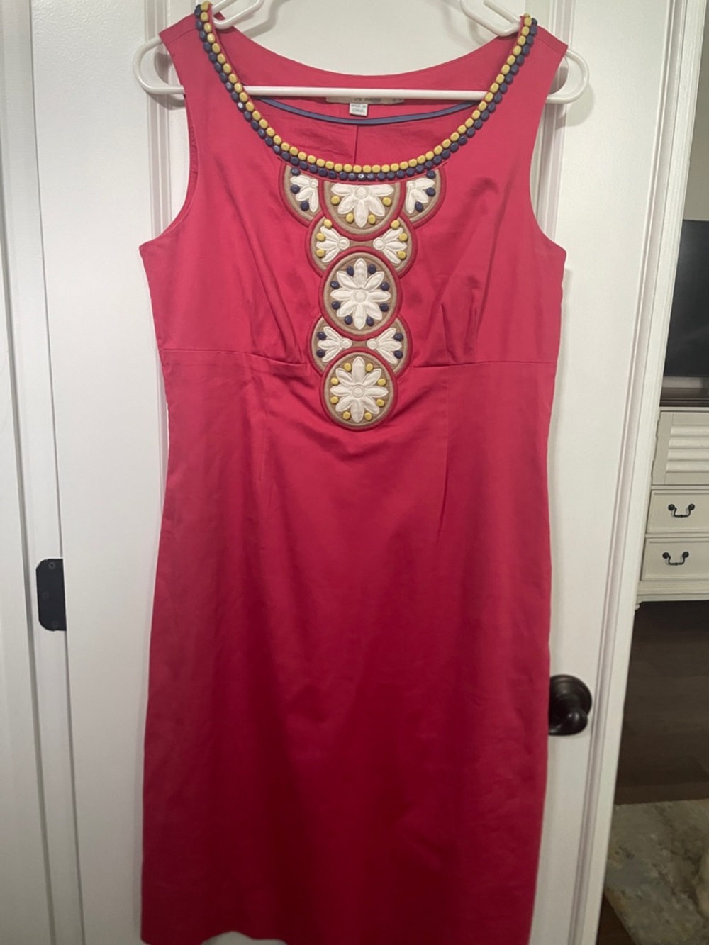 Boden Pink Sleeveless Midi Dress with Embroidered Front Medallions